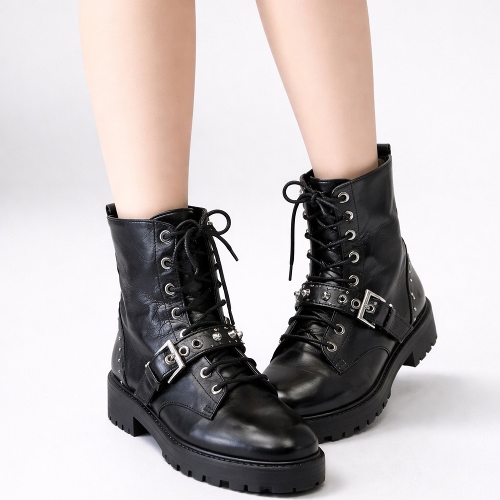 Zara Black Leather Combat Boots